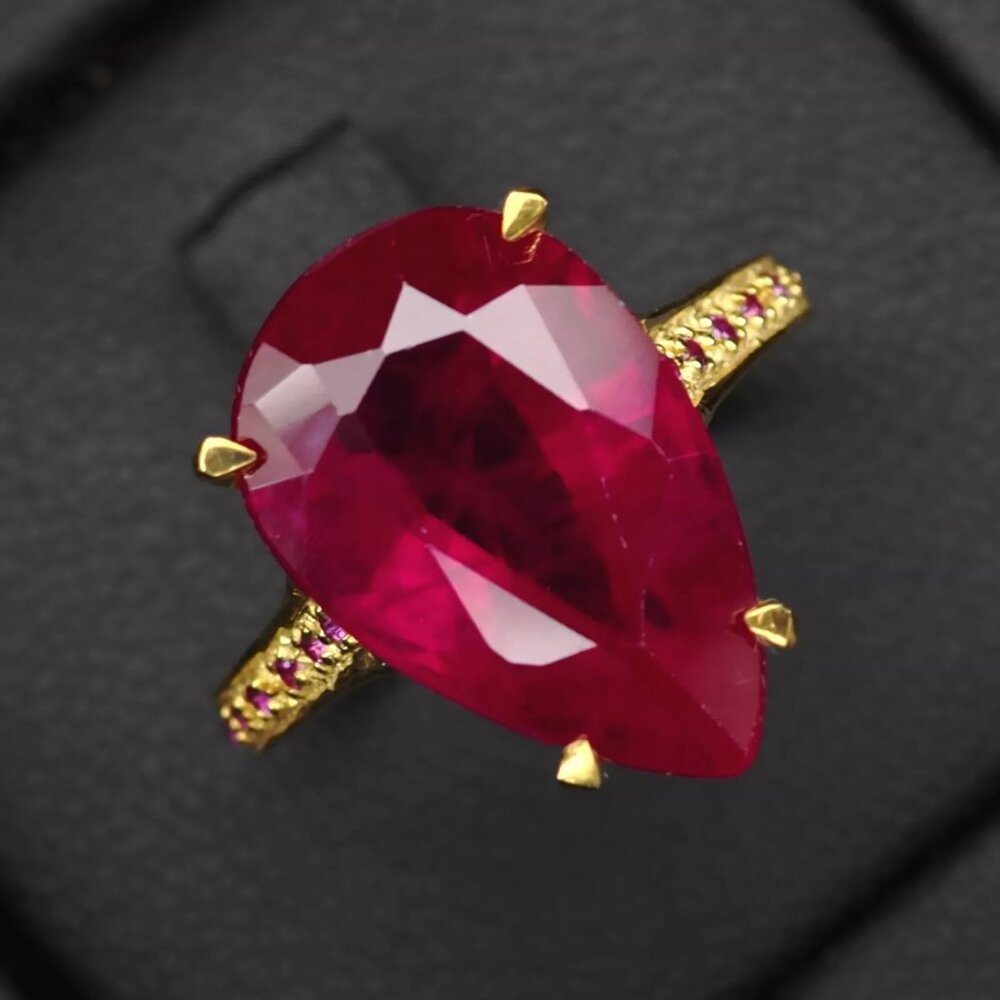Large Pinkish RED RUBY Pear Cut 10.6ct Ring Gold-Plated Sterling Silver SZ 6.5